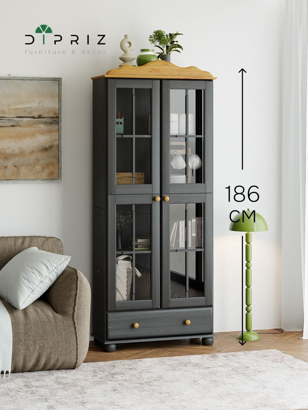 Шкаф витрина Бритта двухдверный серый/антик