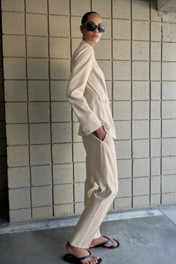 ZARA ЗАУЖЕННЫЕ БРЮКИ ИЗ СМЕСОВОГО ЛЬНА, СВЕТЛО-БЕЖЕВЫЙ