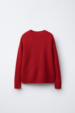 ZARA Х BENSIMON ® СВИТЕР ИЗ СМЕСОВОЙ ШЕРСТИ С КРУГЛЫМ ВЫРЕЗОМ, КРАСНЫЙ