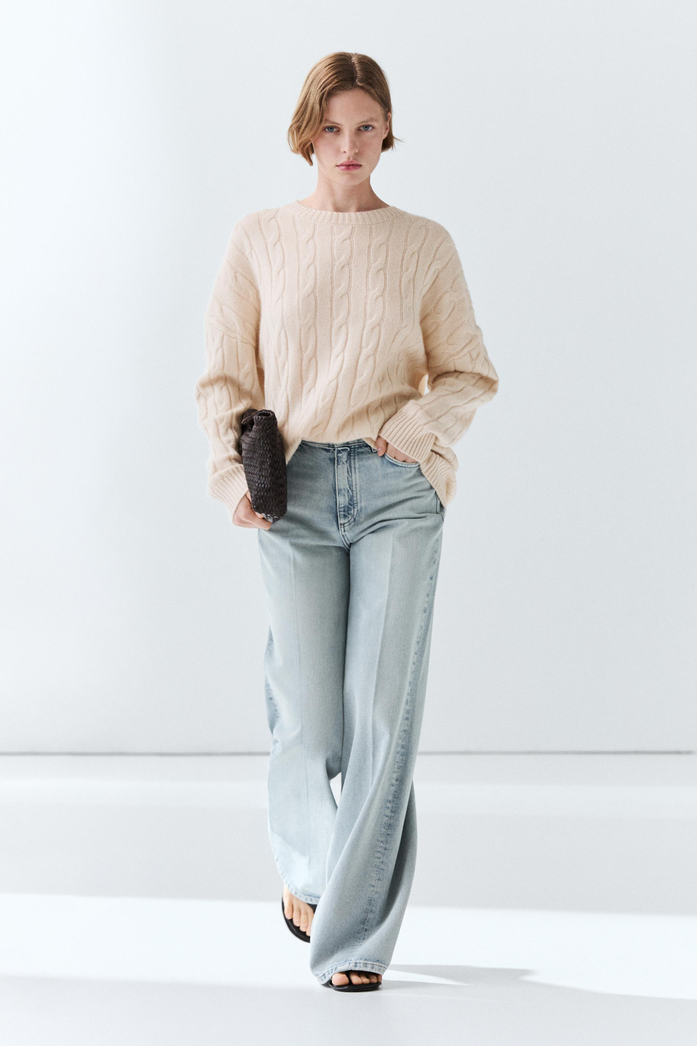 Massimo Dutti Свитер из 100% кашемира с косами, бежевый