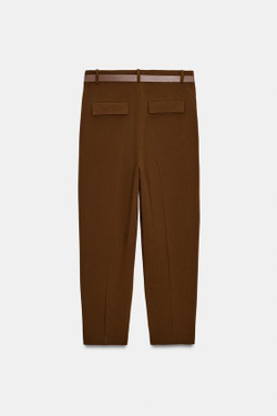 ZARA БРЮКИ С ЗАЩИПАМИ И РЕМНЕМ, КОРИЧНЕВЫЙ