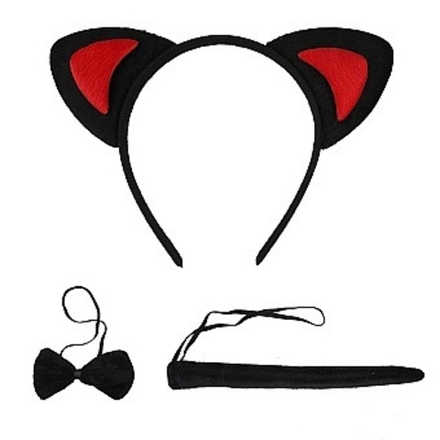 Набор (ушки, бантик, хвостик), Котик, Черный/Красный
