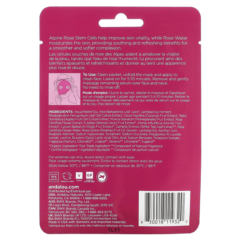 Andalou Naturals, Instant Soothe & Smooth, увлажняющая косметическая маска для лица, 1000 роз, 1 тканевая маска, 18 мл (0,6 жидк. Унции)