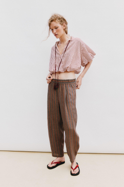ZARA ТОП-БАЛЛОН В ПОЛОСКУ С ЗАВЯЗКАМИ, ЭКРЮ/ГРАНАТОВЫЙ