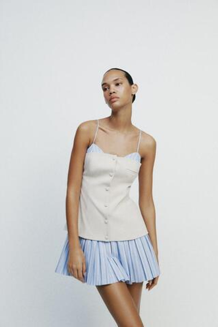 ZARA КОРОТКОЕ ПЛАТЬЕ С ДЕТАЛЬЮ ИЗ ПОПЛИНА, СИНИЙ/БЕЛЫЙ