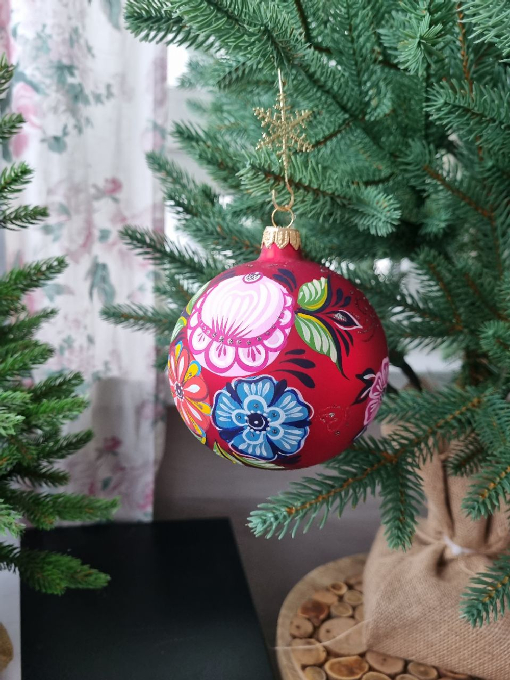 Шар стеклянный "Городецкая роспись" цветы, ручная работа