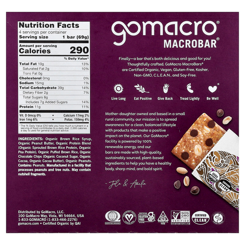 GoMacro, MacroBar®, протеиновое наслаждение, арахисовая паста и шоколадная крошка, 4 батончика по 69 г (2,4 унции)