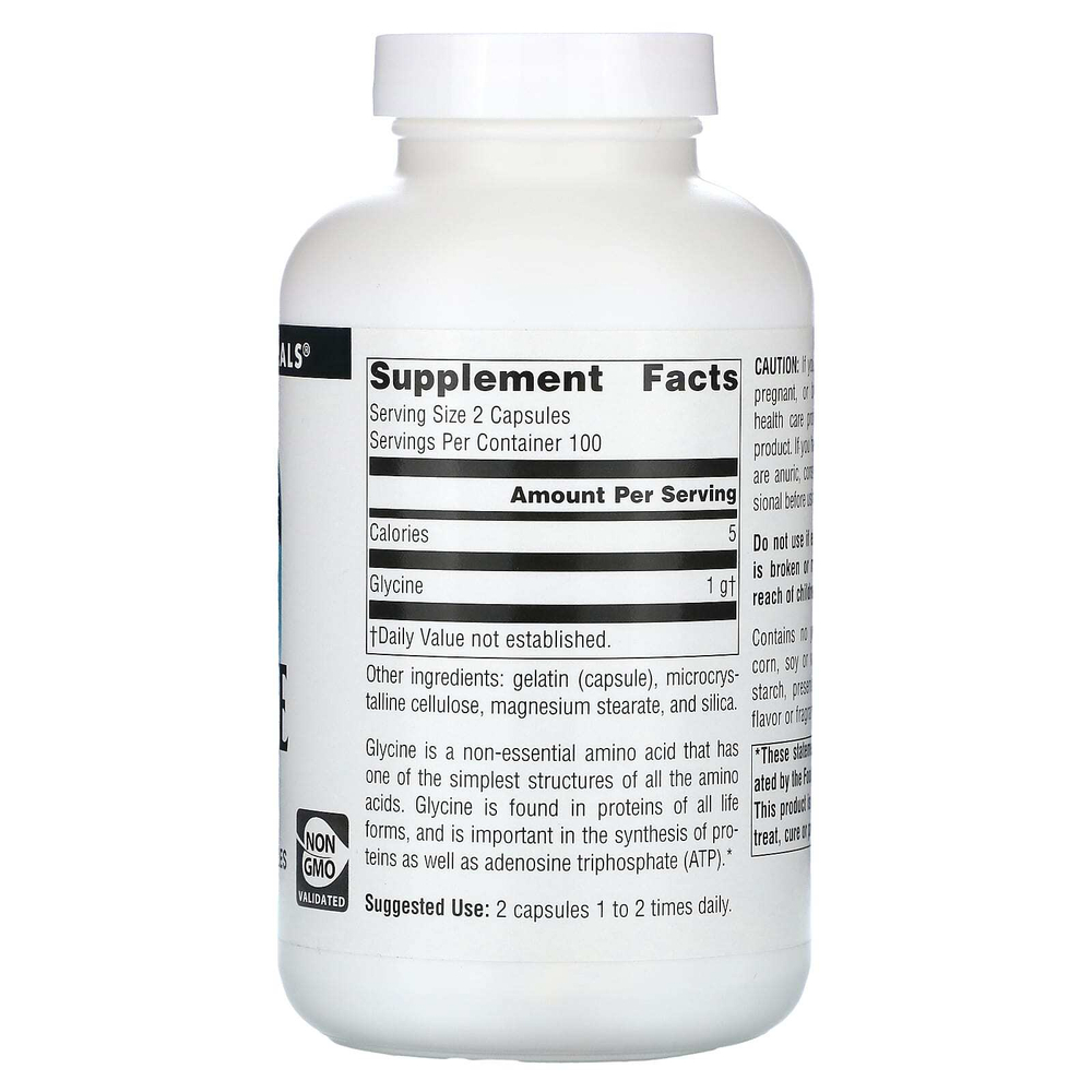 Source Naturals, глицин, 1000 мг, 200 капсул (500 мг в 1 капсуле)