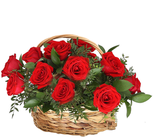 Траурная корзина из живых цветов «16 красных роз, зелень»