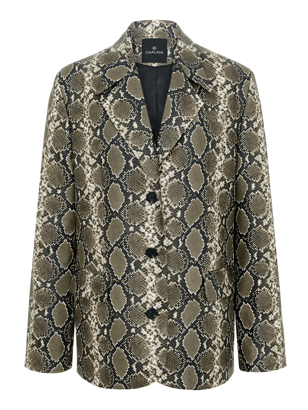 Жакет однобортный из экокожи в змеином принте хаки