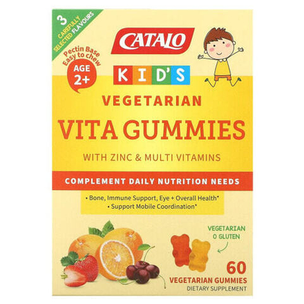 Детское здоровье Catalo Naturals, Детские вегетарианские жевательные витамины с цинком и мультивитаминами, для детей от 2 лет, клубника, вишня и апельсин, 60 вегетарианских жевательных мармеладок