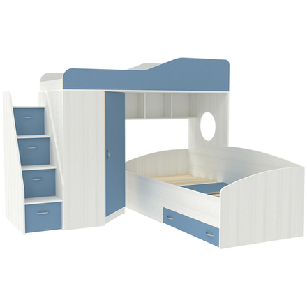 Двухъярусная кровать КарИВи  Кадет 2 с универсальной лестницей Белое Дерево Светло-синий, голубой