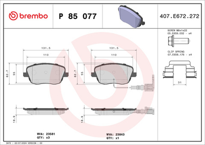 BREMBO - P85077-BRB - Brake Pad Set, disc brake