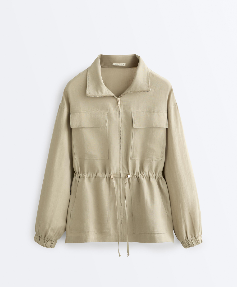Oysho Куртка с присборенной талией из смеси лиоцелла и 24% льна, бежево-зеленый