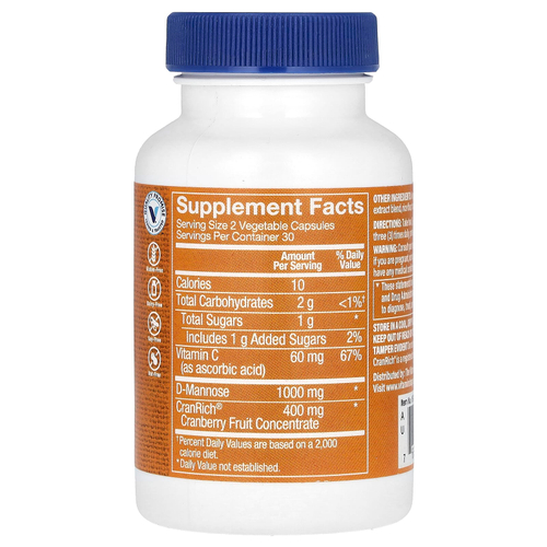 The Vitamin Shoppe, клюква с D-маннозой, 60 растительных капсул