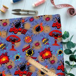 Ткань габардин звуки взрывов из комиксов на синем фоне