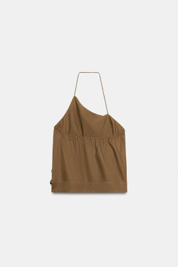 ZARA ТОП ИЗ ЛЬНА С ГОРЛОВИНОЙ ХАЛТЕР И БУСИНАМИ, ТАБАЧНЫЙ