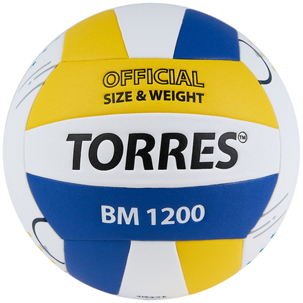 Мяч волейбольный TORRES BM1200, V42335, р.5, синт.кожа (микрофибра), клееный, бут.кам, бел-син-желт