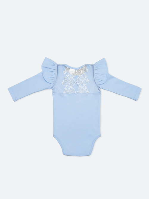 Боди c кружевной спинкой с длинным рукавом, Голубой