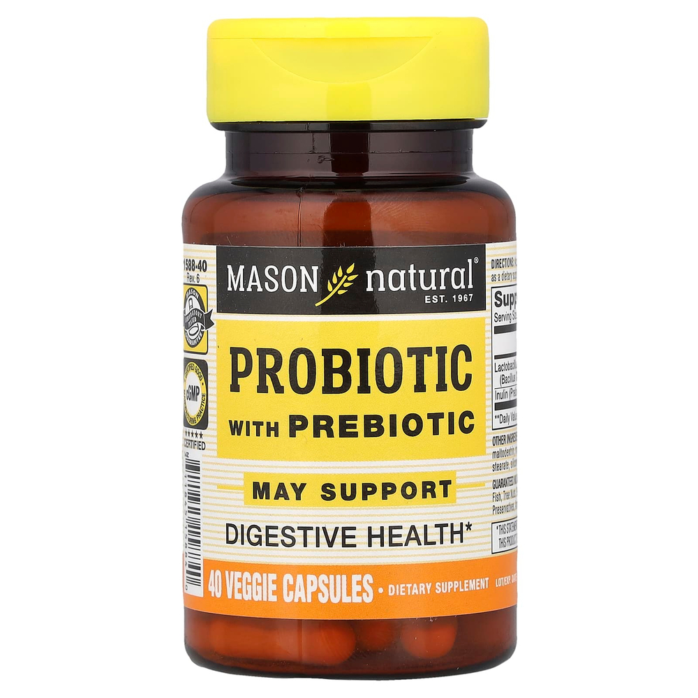 Mason Natural, пробиотик с пребиотиком, 40 растительных капсул