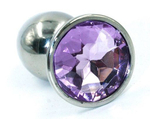 Серебристая малая анальная пробка с сиреневым кристаллом - 7 см. (Цвет: сиреневый)
