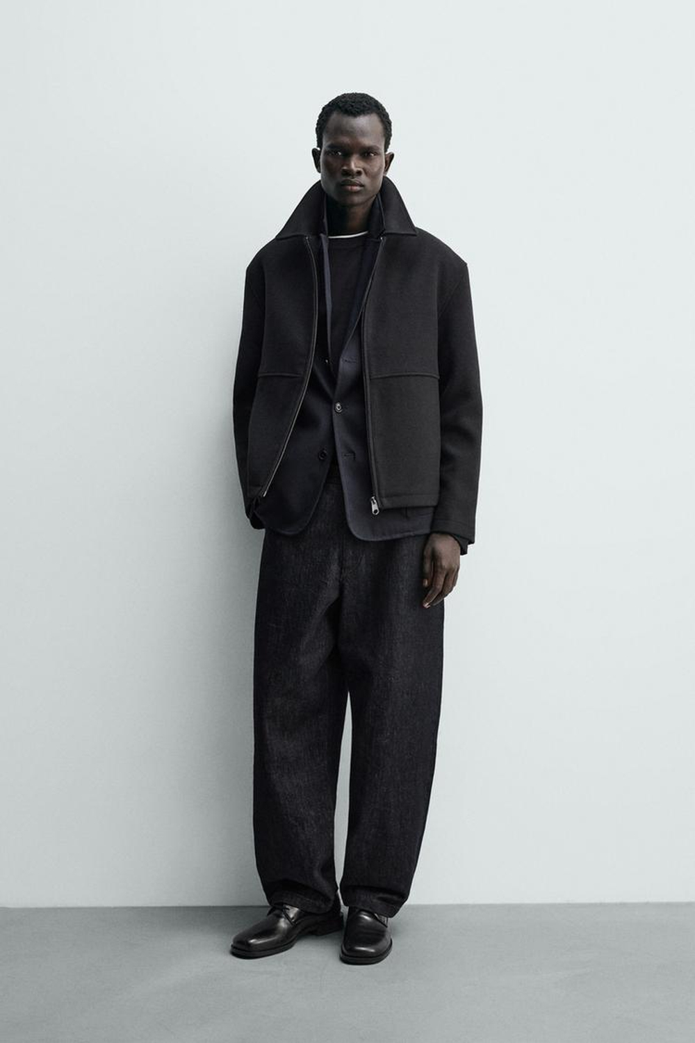 ZARA КУРТКА-БОМБЕР ИЗ ТКАНИ «ЁЛОЧКА» НА МОЛНИИ, ЧЕРНЫЙ