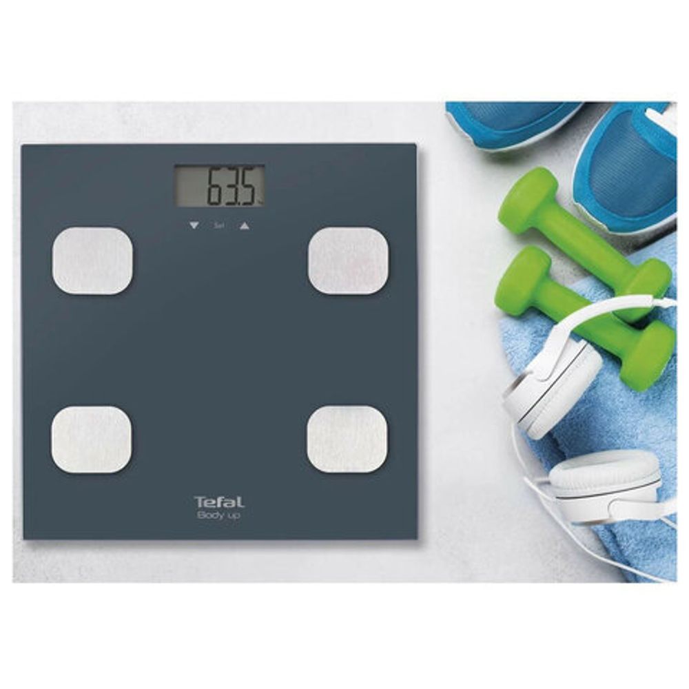 Весы напольные TEFAL Body Up BM2520V0, электронные, максимальная нагрузка 150 кг, квадрат, стекло, серые, 2100111795