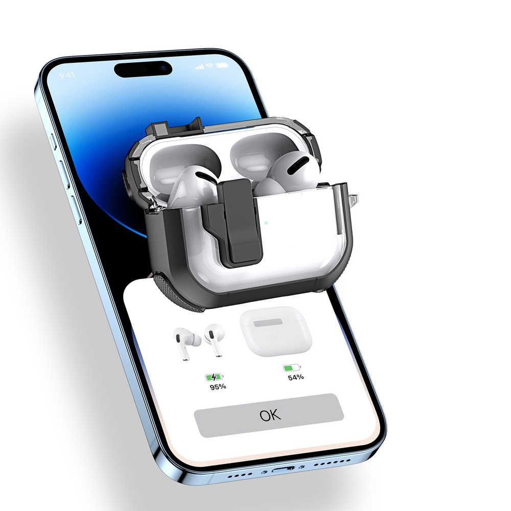 Прозрачный чехол черного цвета от Dux Ducis для наушников AirPods 4, серия PECN Series, в комплекте с карабином