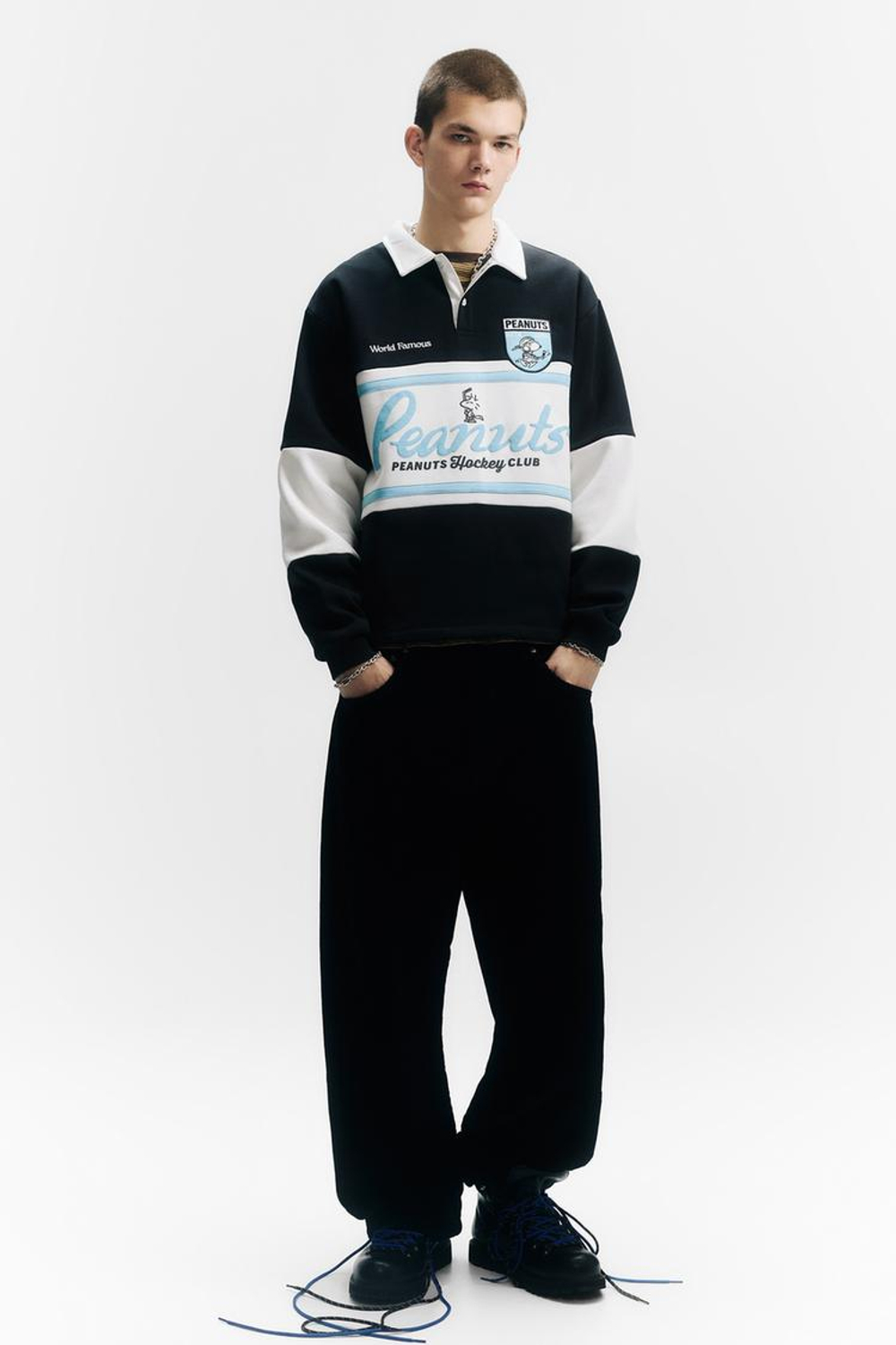 PULL&BEAR Толстовка-поло в хоккейном в стиле «Peanuts», темно-синий