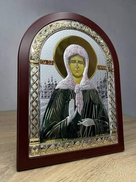 Матрона, икона арочная, красное дерево, эмаль 206х275