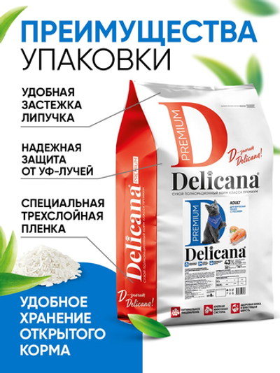 Сухой полнорационный корм для взрослых кошек с лососем DELICANA 8кг