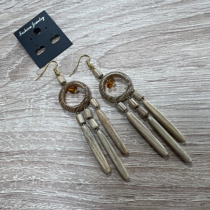 Серьги Колечки с янтарем цвет светло-коричневый, дерево 22x75 мм