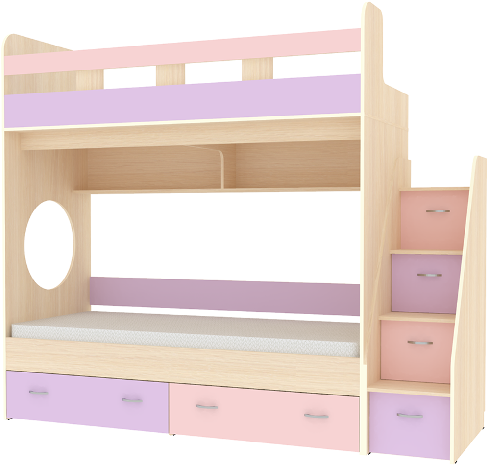Двухъярусная кровать КарИВи Юниор 1  90х200 Дуб Молочный Ирис Розовый
