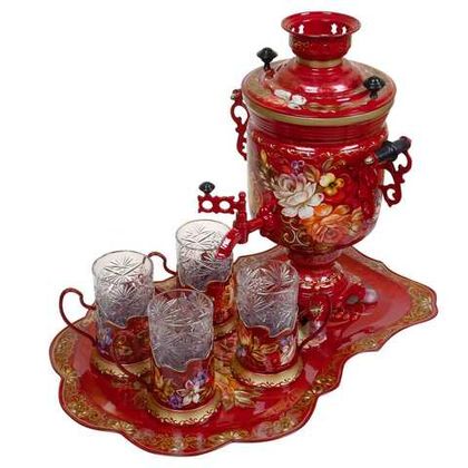 A set with a samovar, a forged zhostovo metal tray and 4 glass holders in a gift box SET01D14032023001