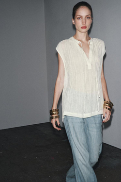 ZARA БЛУЗА С ЗАВЯЗКАМИ ZW, ЖЕЛТОВАТО-БЕЛЫЙ