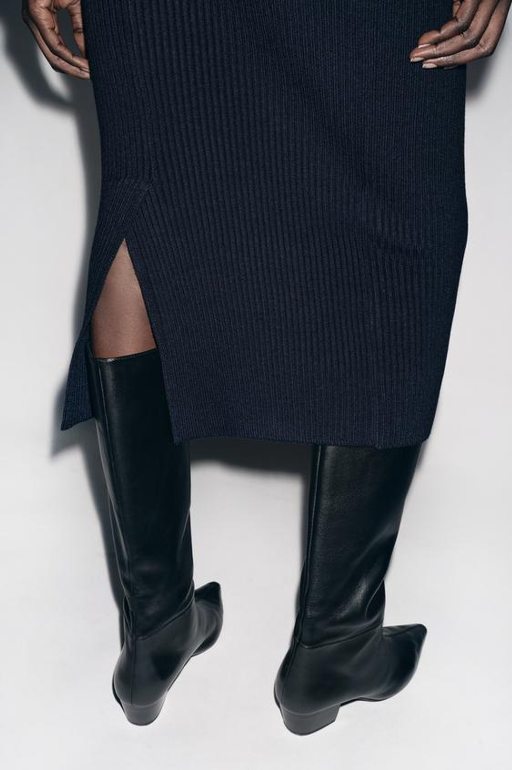 ZARA ТРИКОТАЖНАЯ ЮБКА-МИДИ В РУБЧИК, МОРСКОЙ СИНИЙ