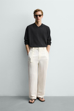 ZARA БРЮКИ RELAXED FIT ИЗ ВИСКОЗЫ И ЛЬНА С РЕМНЕМ, ЭКРЮ