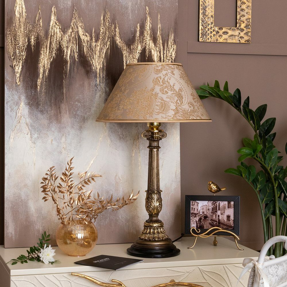 Настольная лампа Испанская Колонна Бронза с абажуром №38 Антиквайт