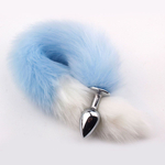 Серебристая анальная пробка с бело-голубым хвостом (Цвет: белый с голубым)