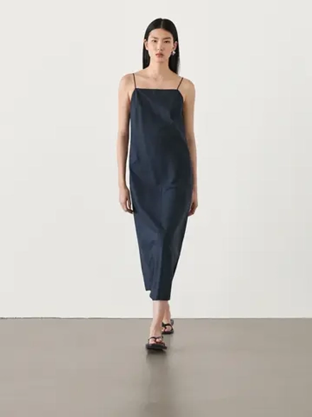 Massimo Dutti Платье миди из поплина на бретелях, глубинно-синий
