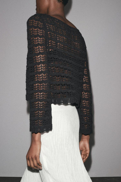 ZARA УКОРОЧЕННЫЙ СВИТЕР АЖУРНОЙ ВЯЗКИ, ЧЕРНЫЙ