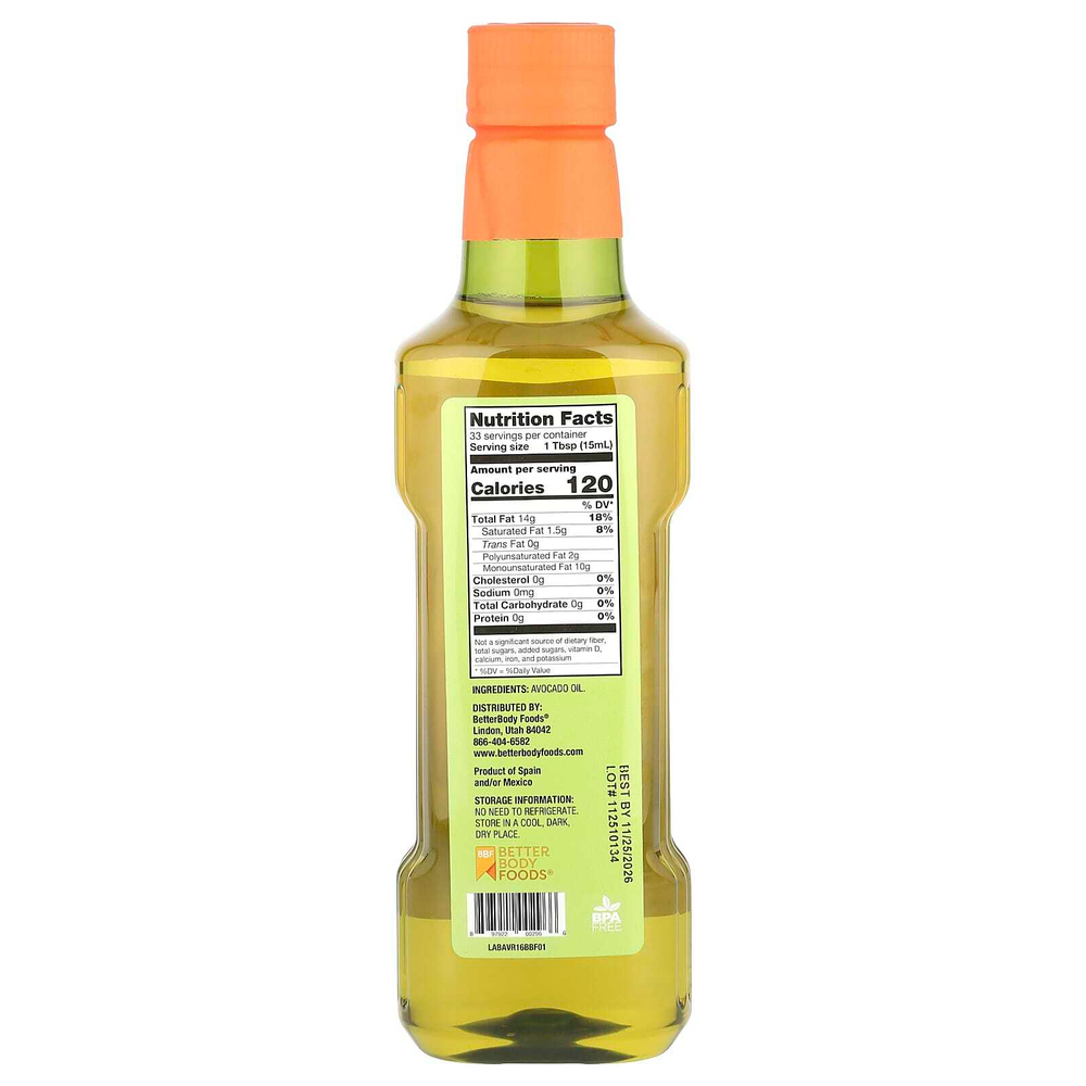 BetterBody Foods, Масло авокадо, 500 мл (16,9 жидк. унц.)