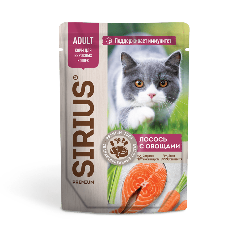 SIRIUS Пауч для взрослых кошек лосось с овощами 0,085 кг