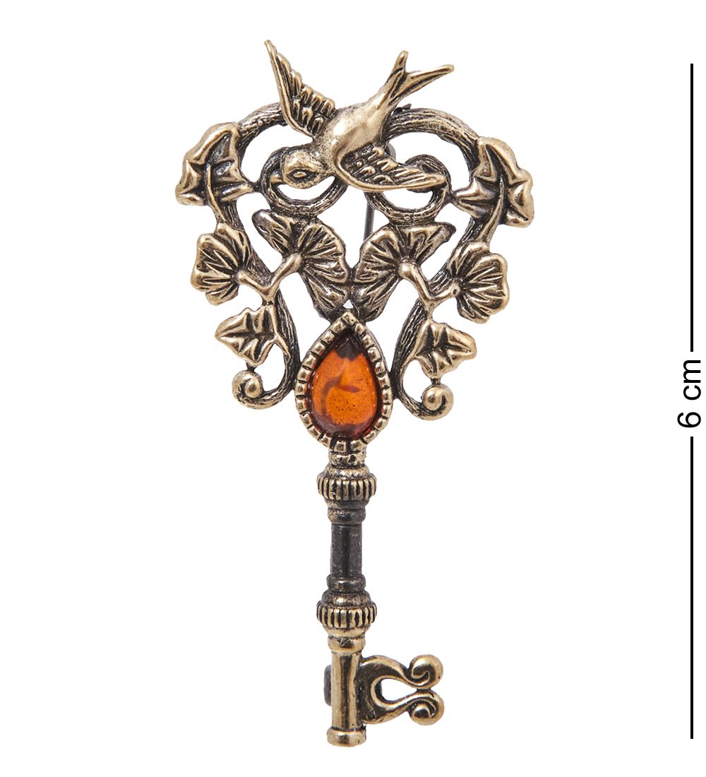 AM-4063 Брошь «Ключик Ласточка» (латунь, янтарь)