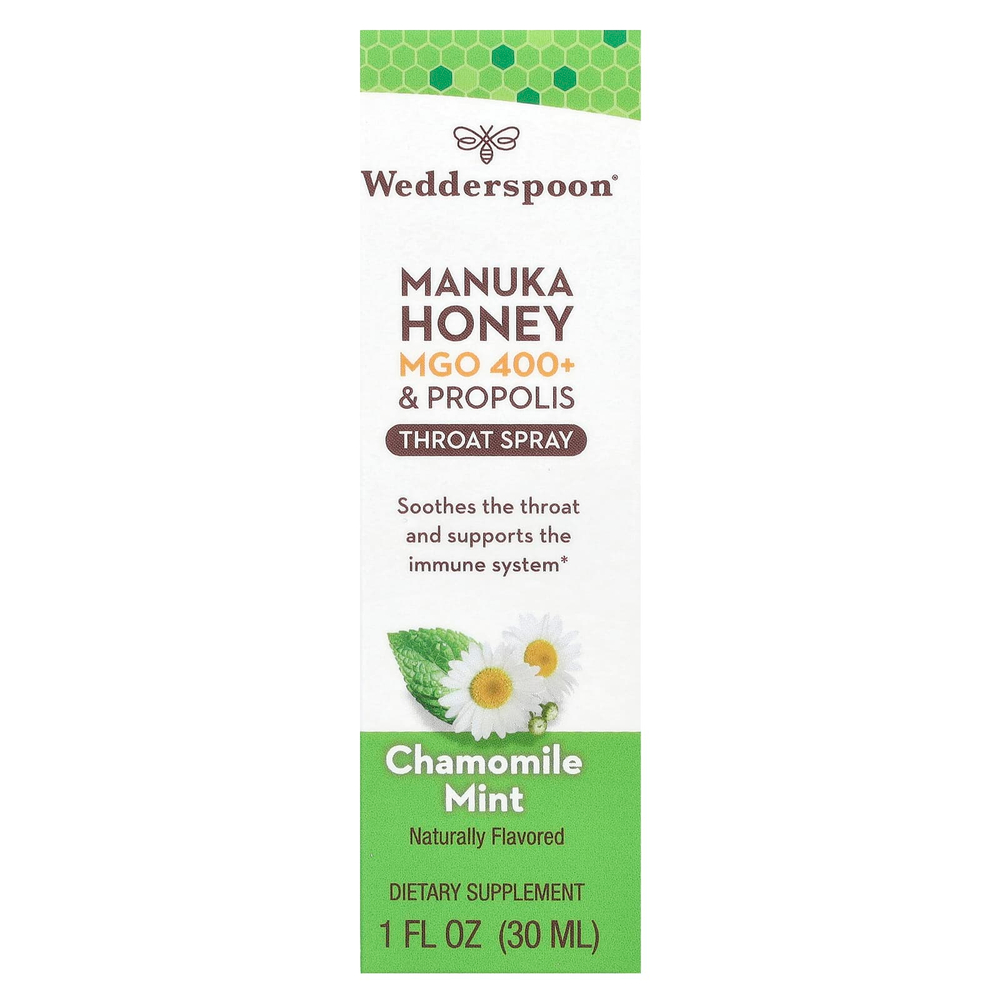 Wedderspoon, Manuka Honey, & Propolis, спрей для горла, ромашка и мята, MGO 400+, 30 мл (1 жидк. унц.)