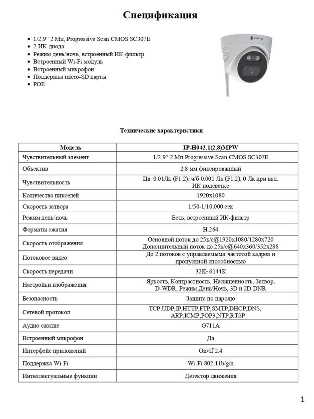 Видеокамера Optimus IP-H042.1(2.8)MPW