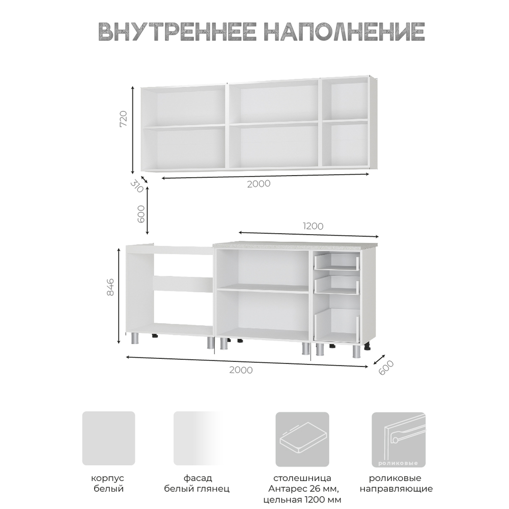 Кухня Дина 2 м белый глянец