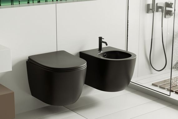 Комплект ABBER унитаз AC1100MB черный матовый с инсталляцией AC0105 и кнопкой AC0120MB, биде AC1150MB с инсталляцией AC0101P