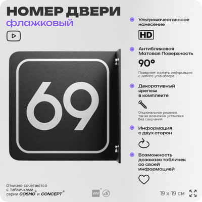 Табличка флажковая с номером 69 на дверь квартиры, для офиса, кабинета, аудитории, склада, черная двустороняя 19х19 см, Айдентика Технолоджи
