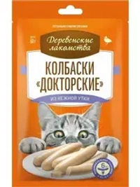 Деревенские лакомства колбаски Докторские из нежной утки для кошек 6*10г